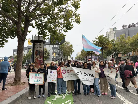 A group on a city street at Pride 2026 behind a Desi Rainbow banner, holding signs including Be a trans ally.