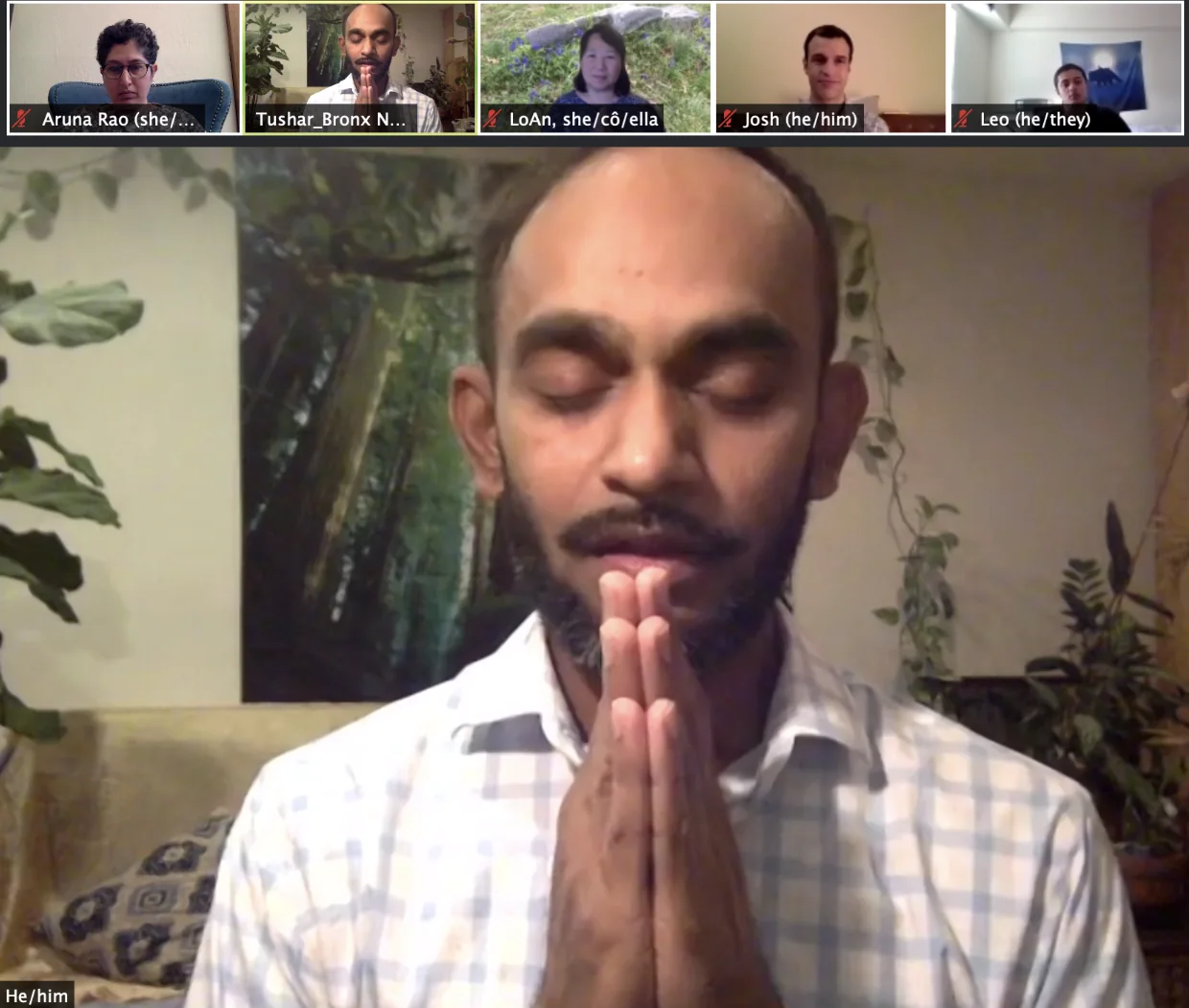 A Desi Rainbow Faith & Family gathering on Zoom: Dr. Tushar Bhagat with his hands pressed together in greeting, with other participants, including Aruna, along the top.