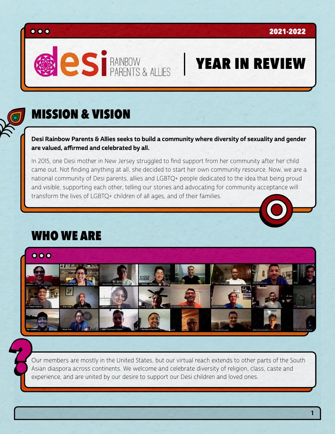 Page 1: 2021–2022 Year in Review. The Desi Rainbow Parents & Allies logo, the mission and vision, the story of how Desi Rainbow started in 2015, and a Zoom call of members under Who We Are.
