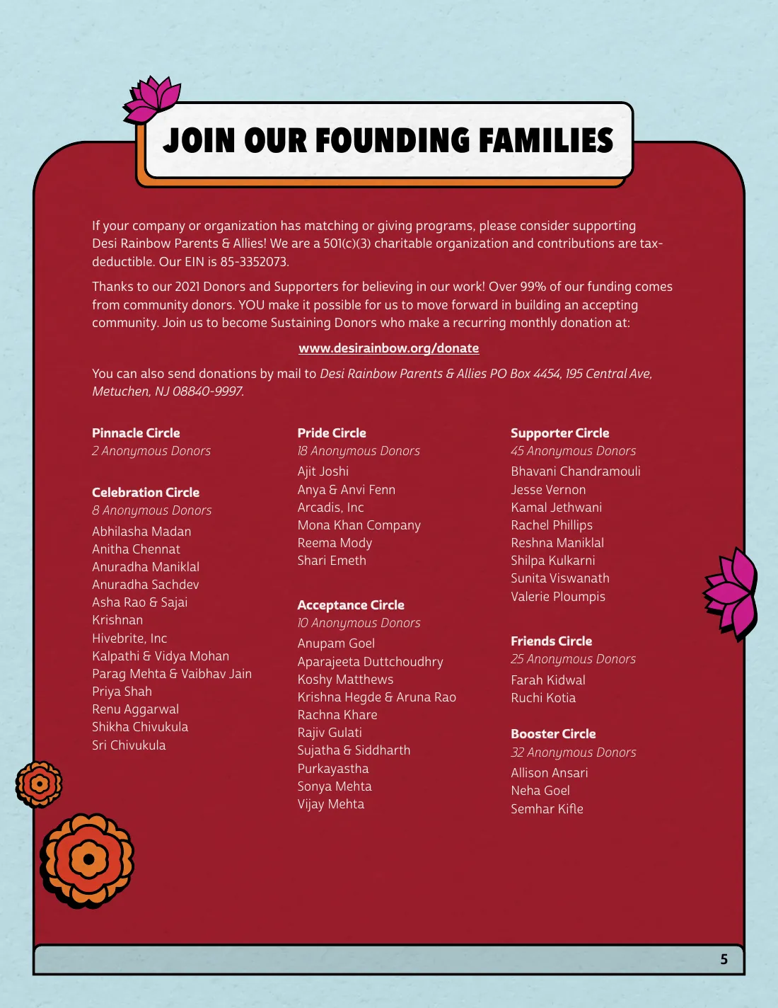 Page 5: Join our founding families. How to give, including employer matching and donations by mail, and a thank-you list of 2021 donors by giving circle.