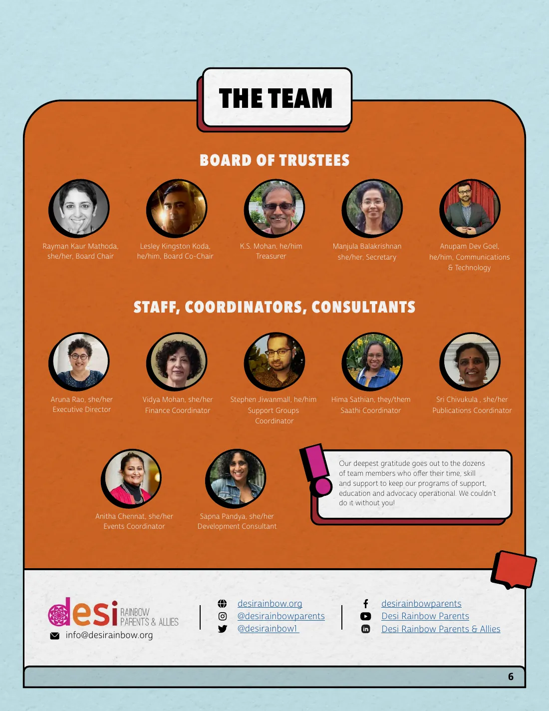 Page 6: The team. Photos, names and roles of the 2022 board of trustees and of the staff, coordinators and consultants, with Desi Rainbow’s email and social media accounts.