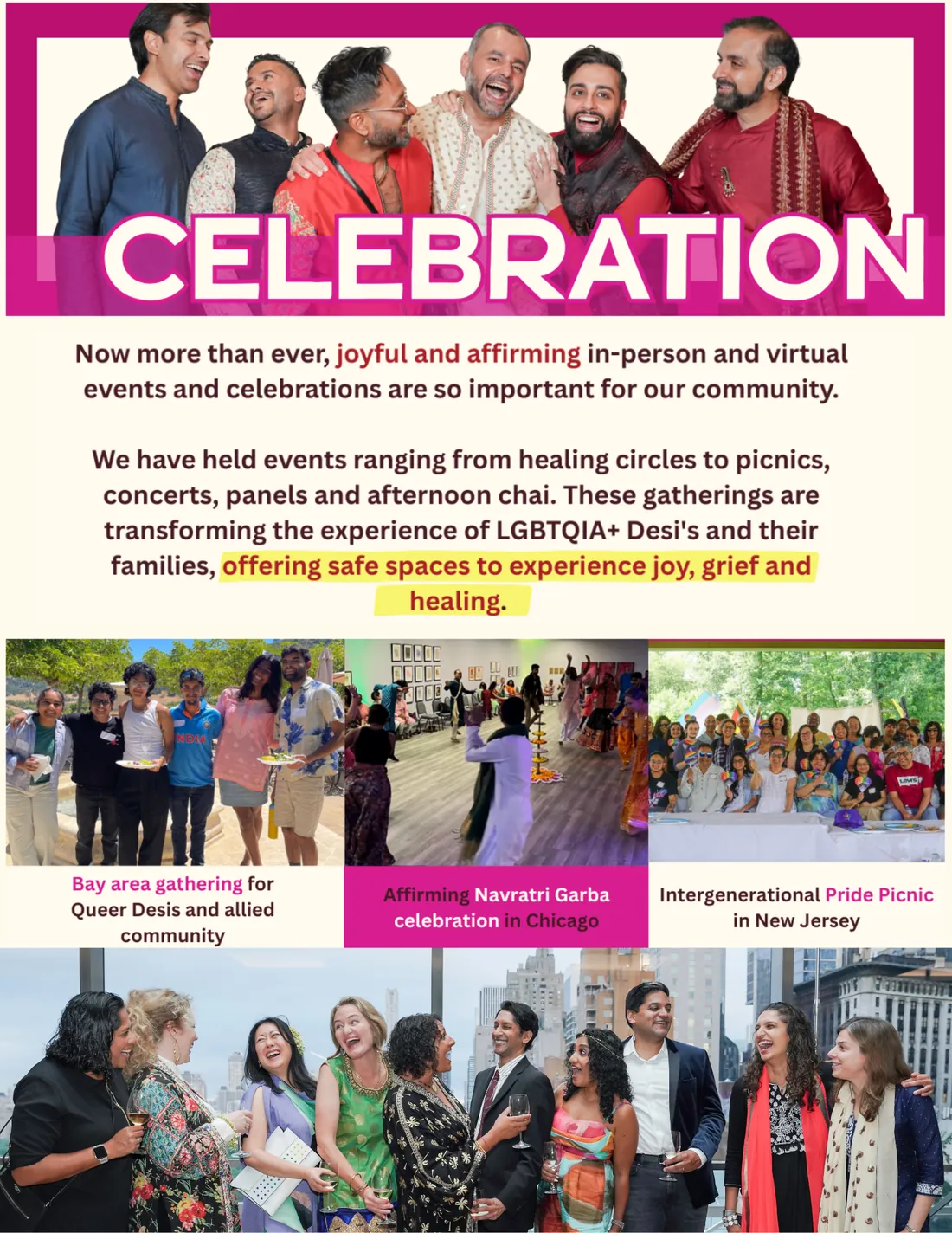 Page 5: Celebration. A group laughing together, and captioned photos from a Bay Area gathering, a Navratri Garba in Chicago and a Pride picnic in New Jersey.