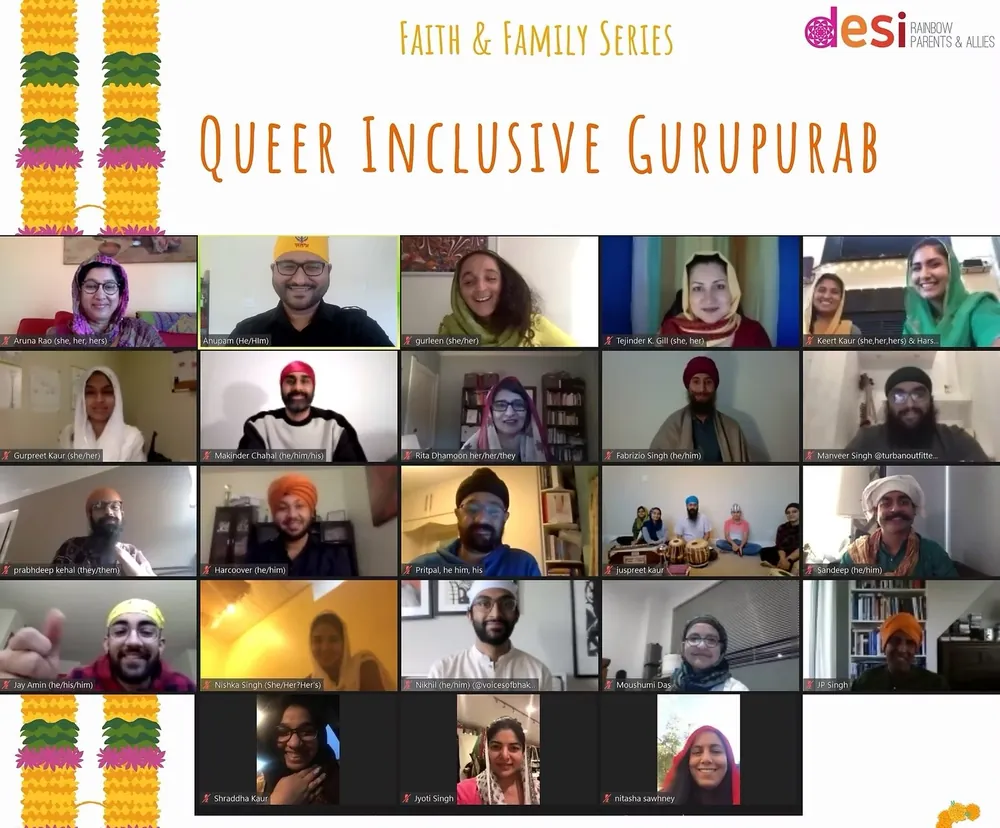 Faith and Family Series: Queer Inclusive Gurupurab. A grid of smiling participants on a Zoom call, many wearing turbans or head coverings, framed by marigold garlands.